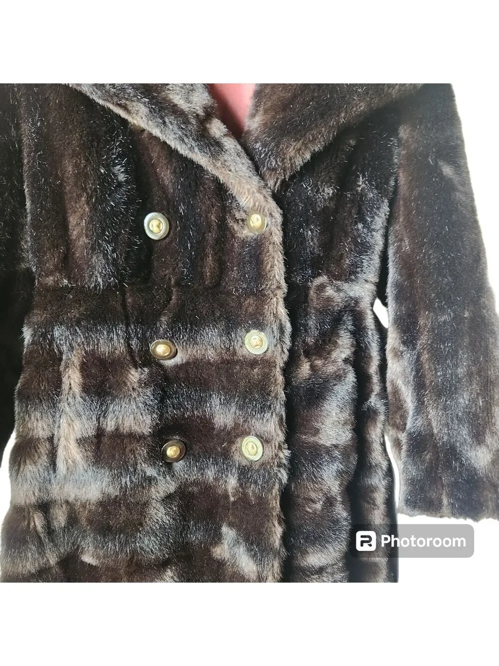 Tissavel France Faux Fur Coat Double Breasted Belted Dark Brown  Vintage unsize